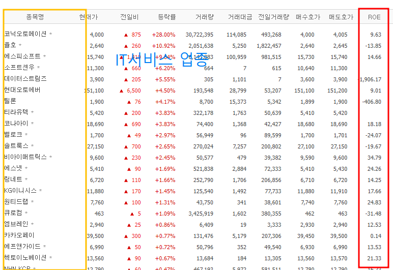 ROE업종별 차이 예시 (IT서비스 업종)